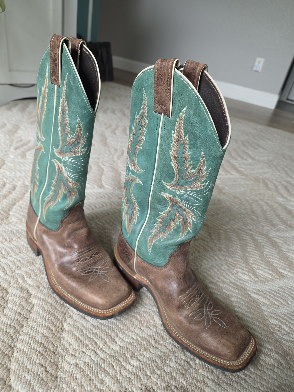 Justin Boots Brown Foot with Teal Shaft Western Boots